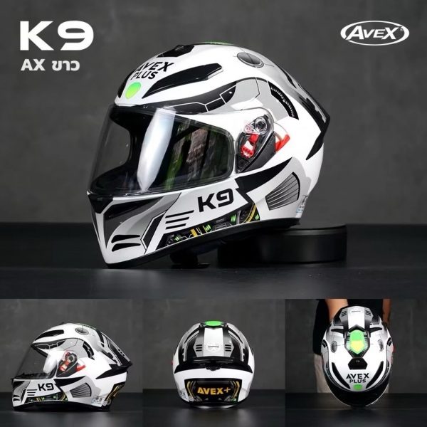 หมวกกันน็อค AVEX รุ่น K9 AX ขาว นวมใหม่ ทรงสปอร์ตทัวริ่ง มีแว่นกันแดดด้านใน
