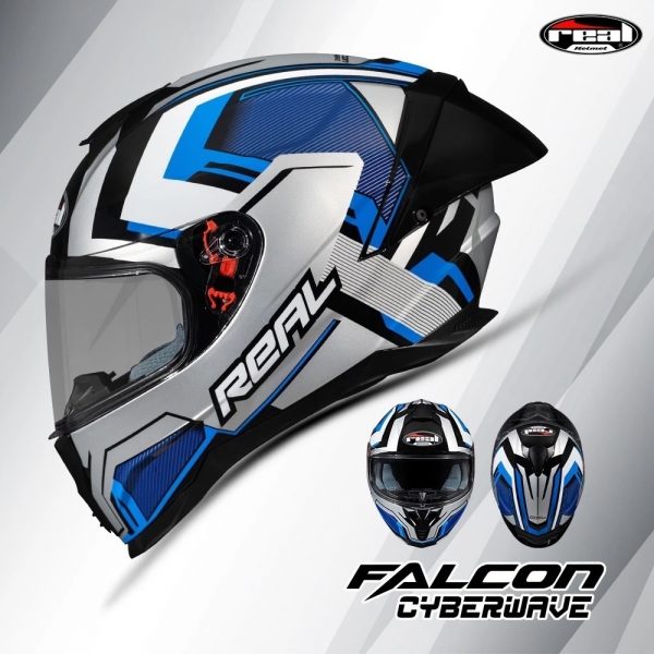 หมวกกันน็อค Real รุ่น Falcon Cyberwave น้ำเงิน ชิลด์หน้าสีใสเคลือบปรอทอ่อน