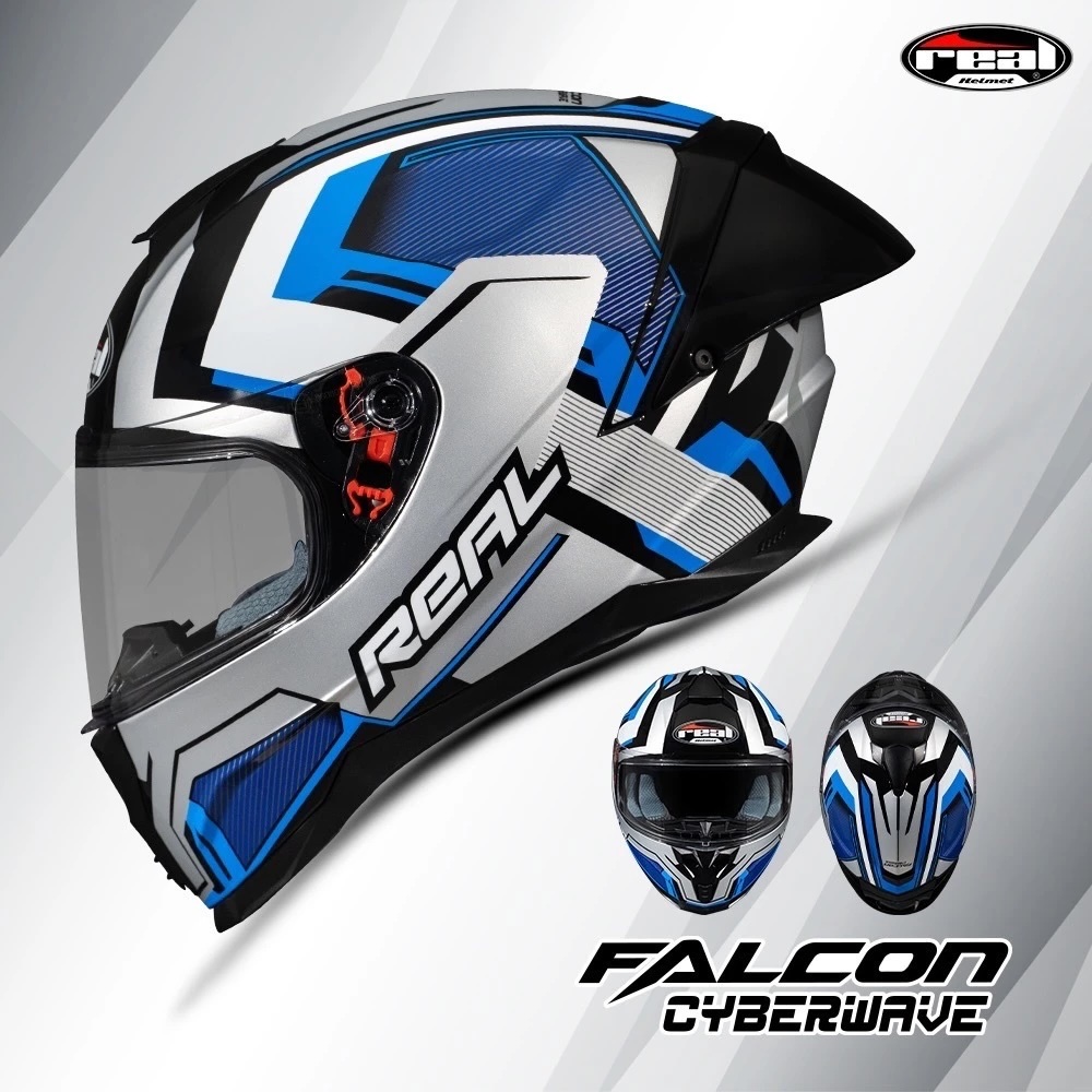 หมวกกันน็อค Real รุ่น Falcon Cyberwave น้ำเงิน ชิลด์หน้าสีใสเคลือบปรอทอ่อน