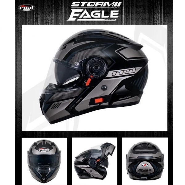 หมวกกันน็อค Real รุ่น Storm Eagle Force ดำ-เทา หมวกกันน็อคเต็มใบยกคาง มีแว่นกันแดดด้านใน