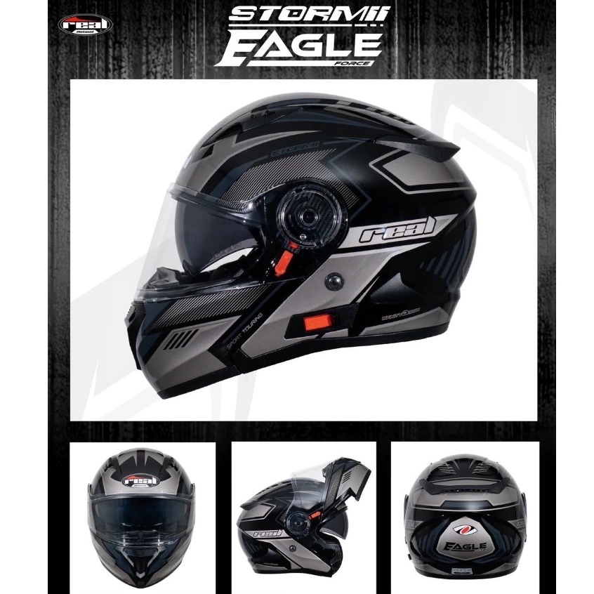 หมวกกันน็อค Real รุ่น Storm Eagle Force ดำ-เทา หมวกกันน็อคเต็มใบยกคาง มีแว่นกันแดดด้านใน