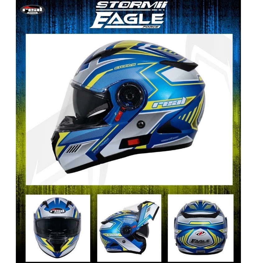 หมวกกันน็อค Real รุ่น Storm Eagle Force น้ำเงิน-เหลือง หมวกกันน็อคเต็มใบยกคาง มีแว่นกันแดดด้านใน