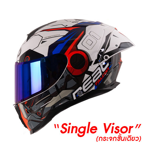 หมวกกันน็อค Real รุ่น Falcon Robotech ขาว-น้ำเงิน ชิลด์หน้าสีใสเคลือบปรอทอ่อน